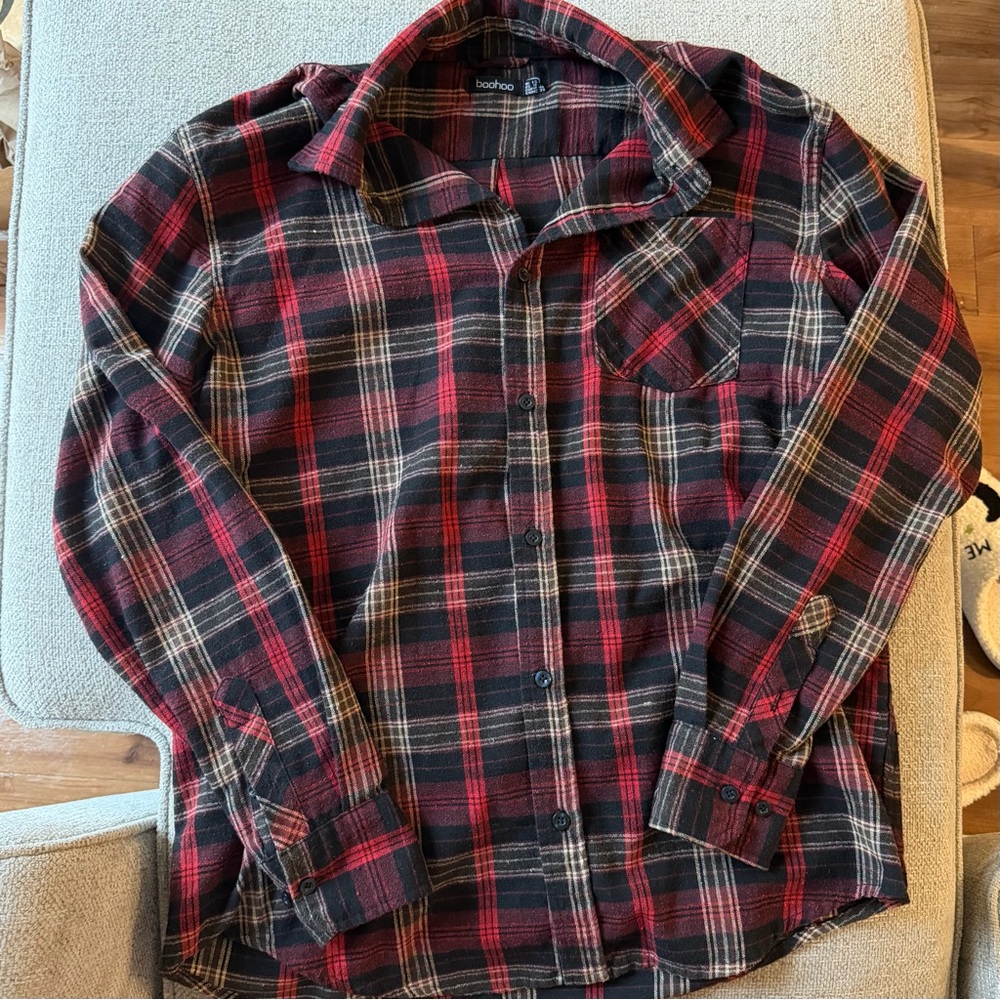 Boohoo Red and Black Checkered Button Down Shirt